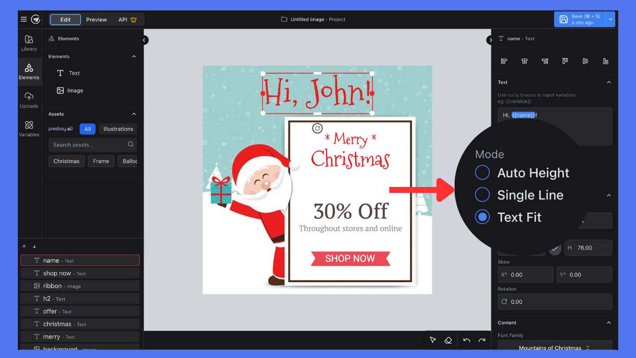 Image showing where to find the text single line mode for a text element in the SendBetter editor