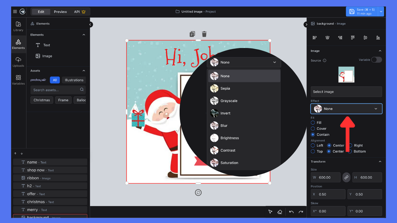 Image showing where to find the effects feature for an image element in the SendBetter editor