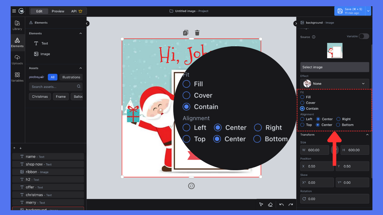 Image showing where to find the image element fit and alignment options in the SendBetter editor
