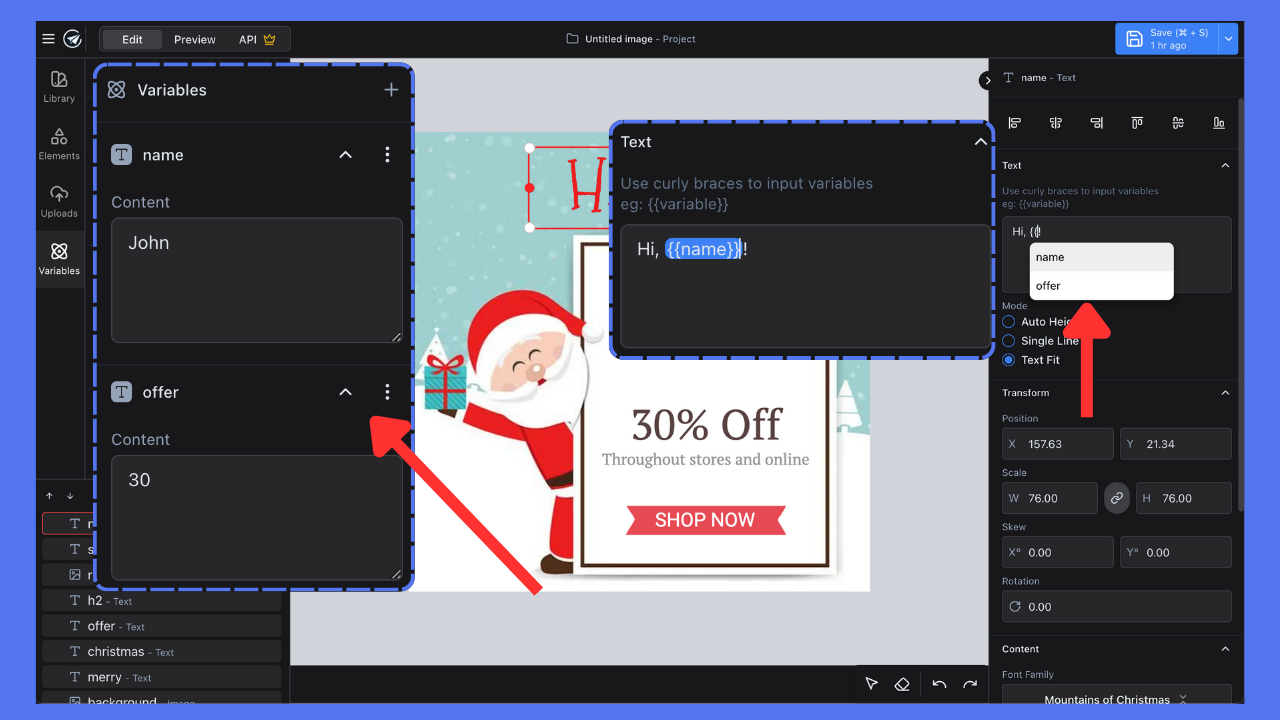 Image showing where to find variable panel and how to set a variable for a text element