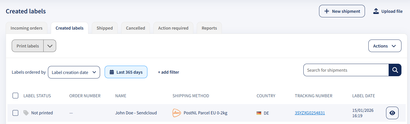 Screenshot: Created Labels tab in Sendcloud panel