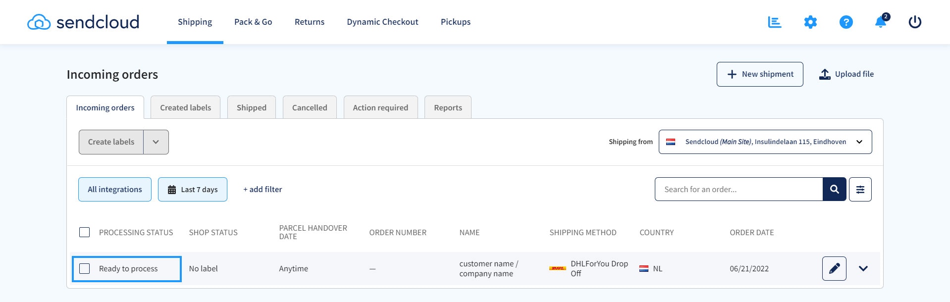 Screenshot of the Incoming order view, showing the newly-created parcel with the status "Ready to process"