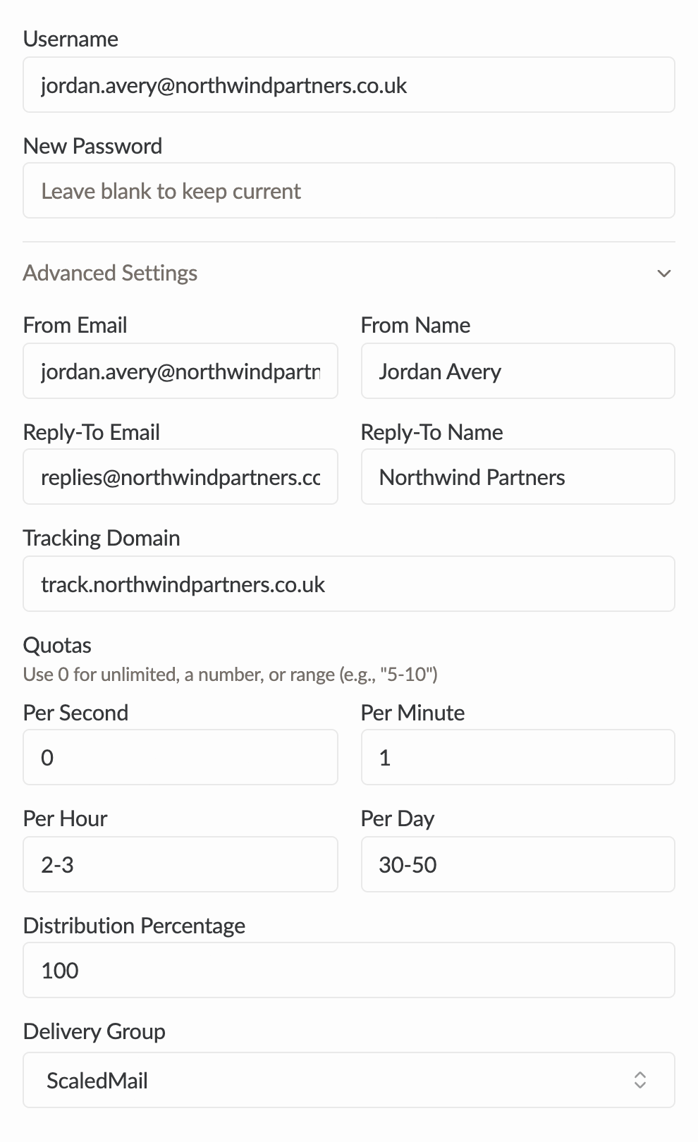 Advanced settings for one Sendmux sending account showing From Email, From Name, Reply-To, quotas, distribution percentage and delivery group