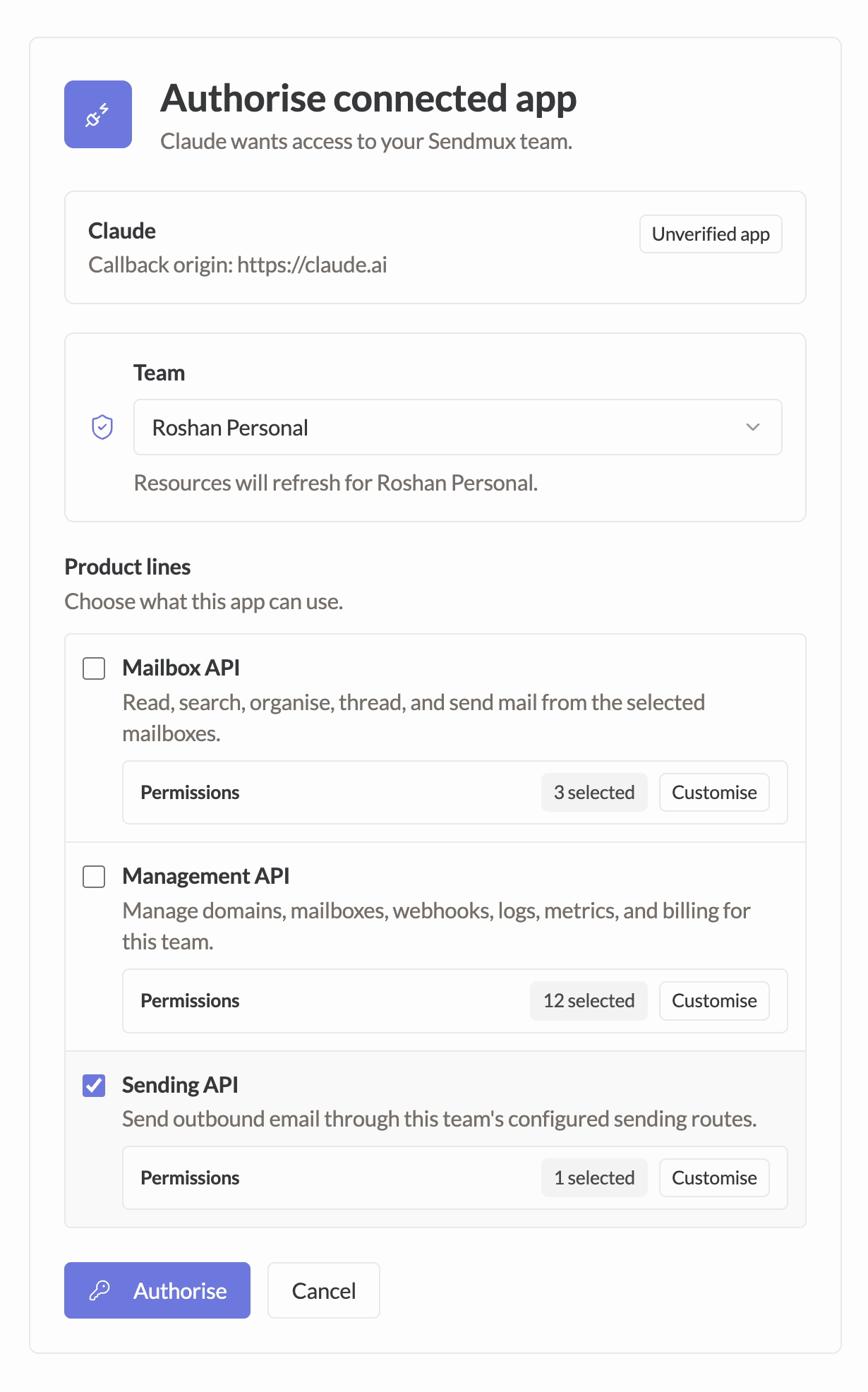 The Sendmux authorise connected app screen with Mailbox API and Management API unticked and Sending API ticked
