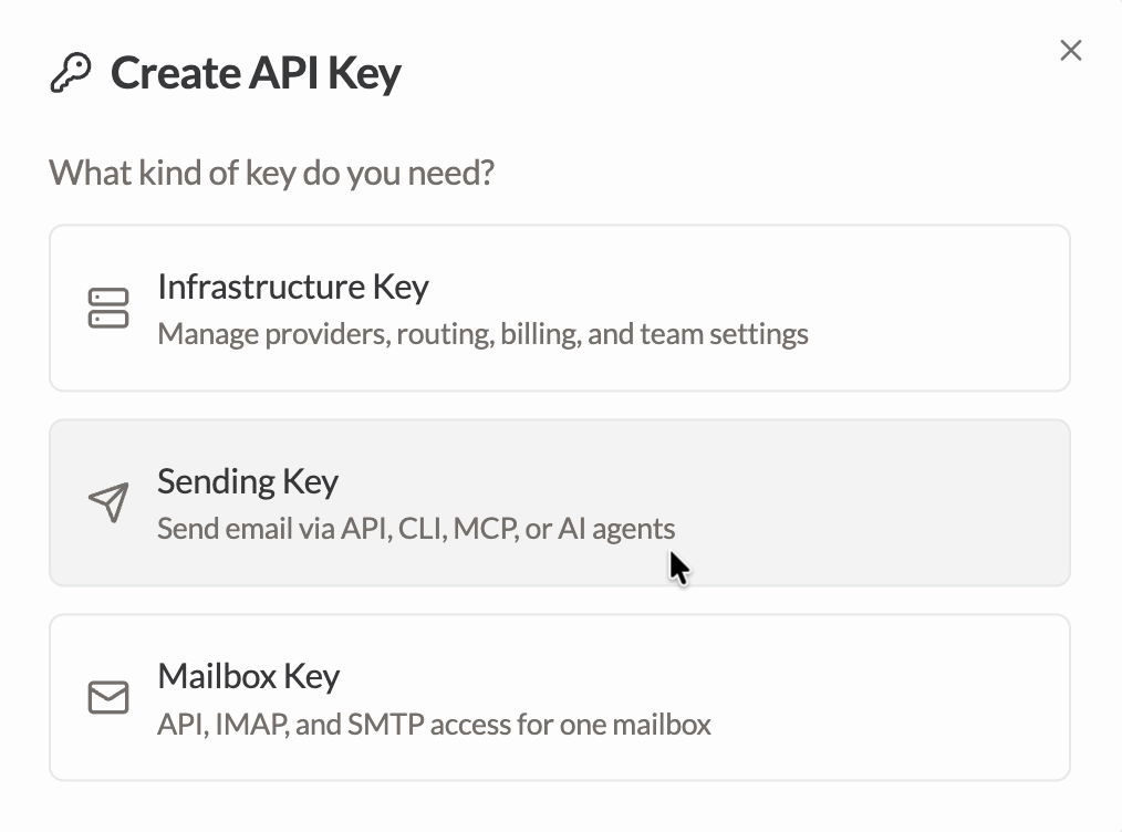 The Sendmux Create API Key dialog with Infrastructure Key, Sending Key and Mailbox Key options, with Sending Key selected