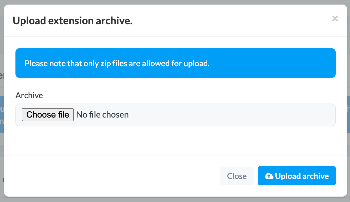 MailWizz upload extension dialog with a ZIP archive chooser and Upload archive button