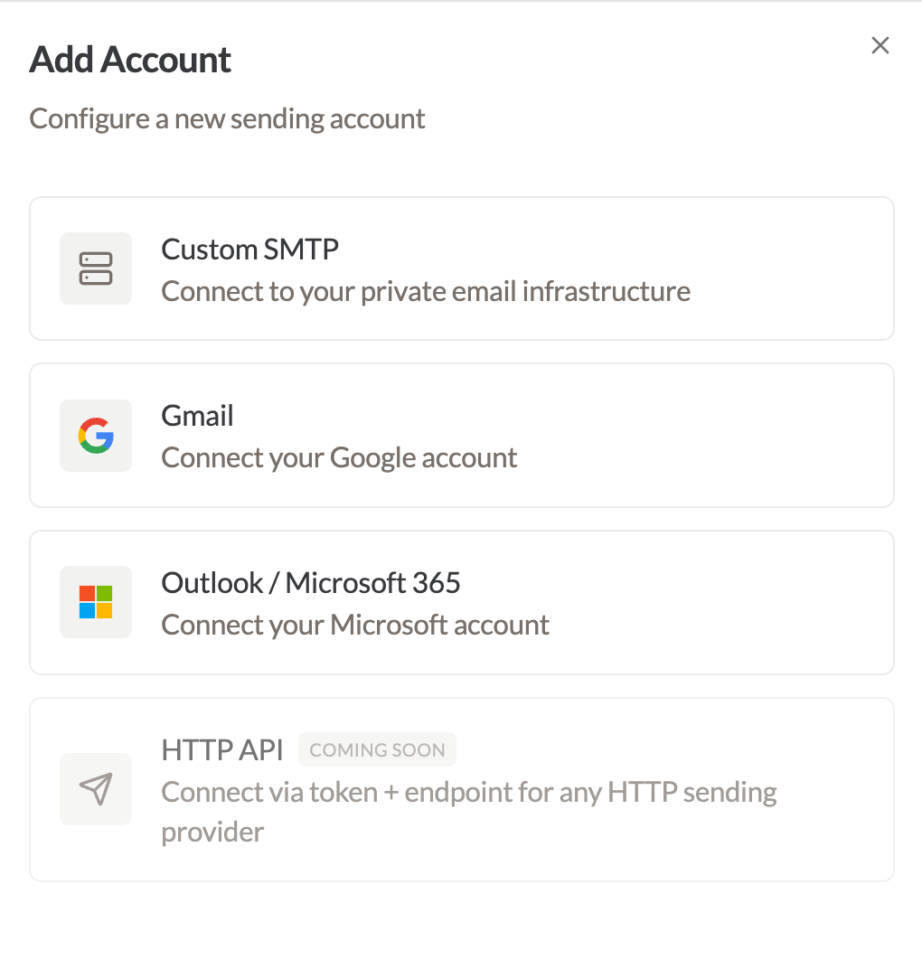 Sendmux Add Account panel showing the available sending account connection types