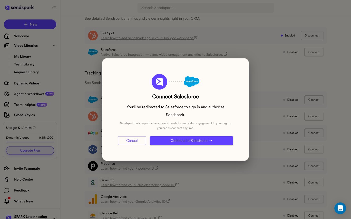 Sendspark Connect Salesforce dialog with a Continue to Salesforce button