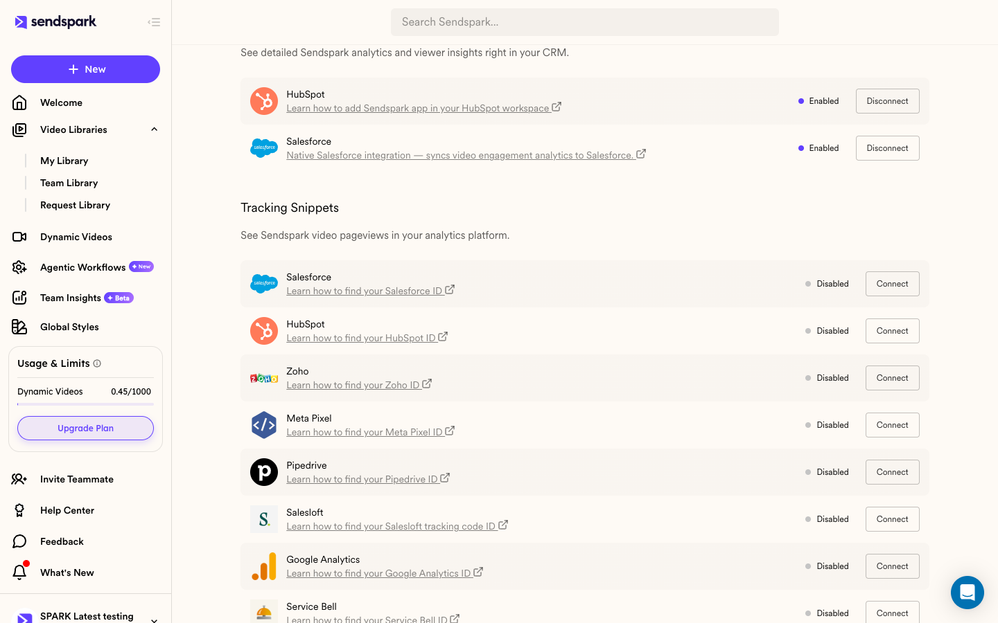 Sendspark Salesforce row showing the Enabled connected state