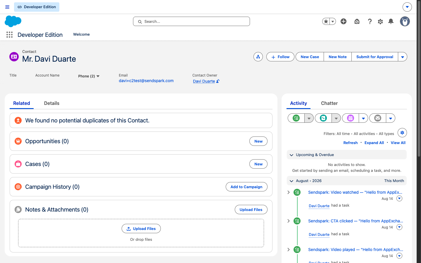 Salesforce Contact activity timeline showing Sendspark engagement Tasks