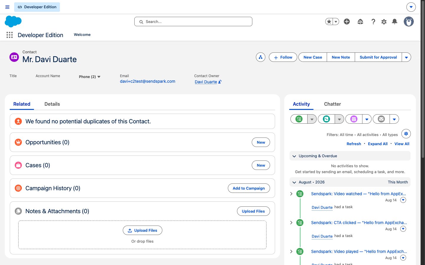 Salesforce Contact activity timeline showing Sendspark engagement Tasks