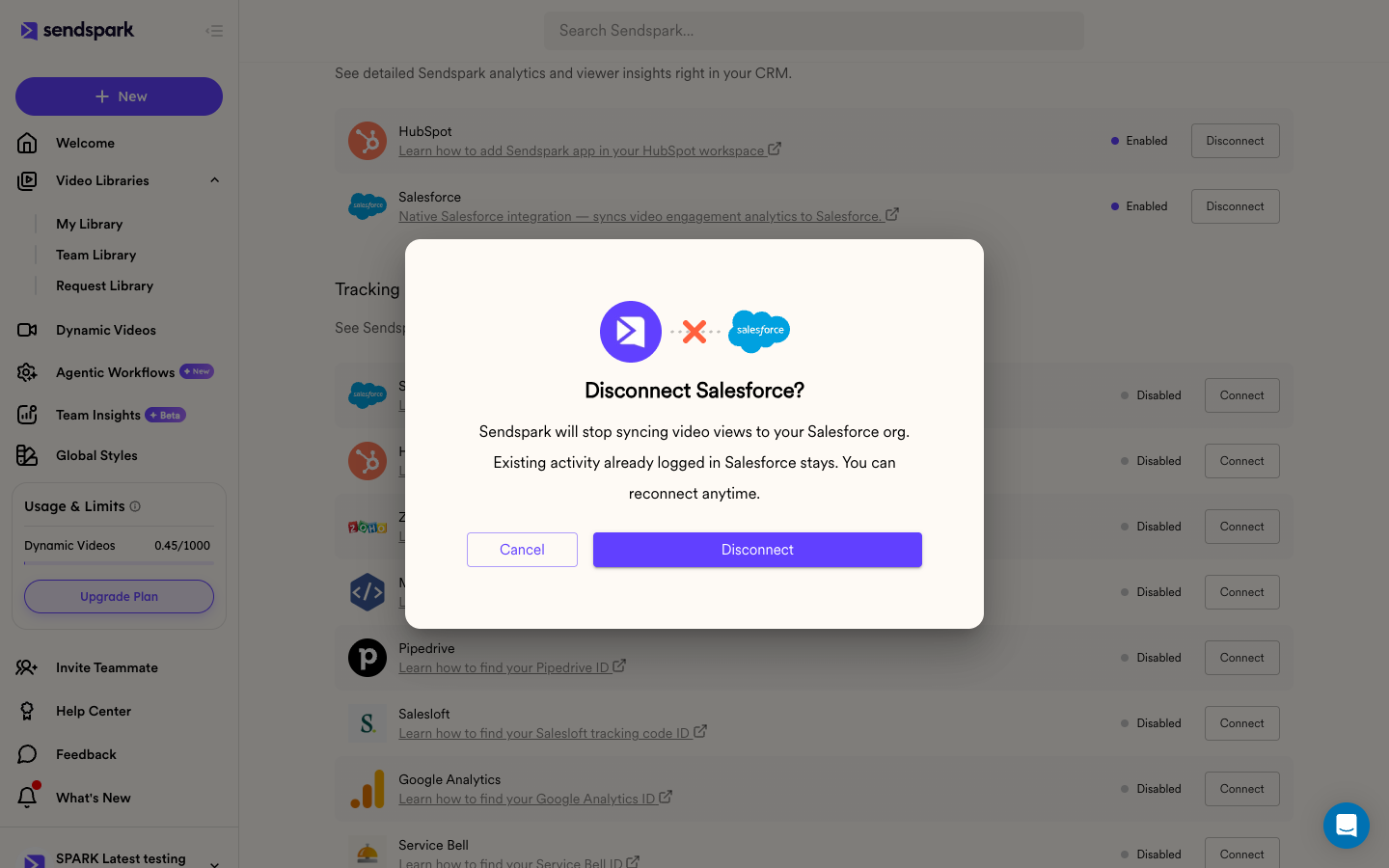 Sendspark Salesforce disconnect confirmation dialog