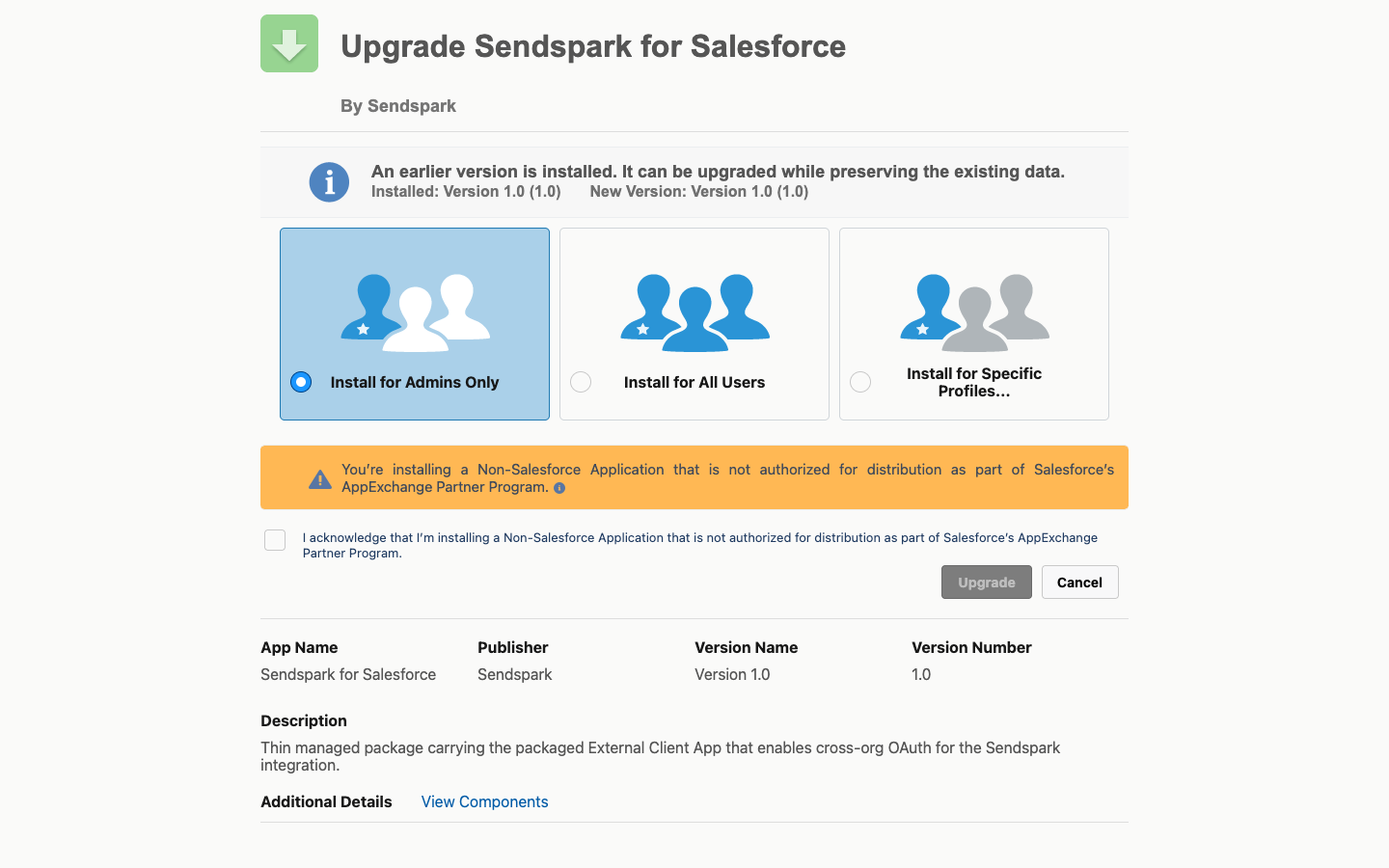 Salesforce package install screen with Install for Admins Only selected