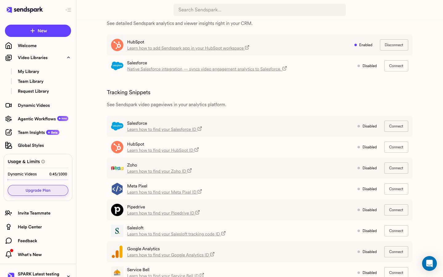 Sendspark Integrations tab with the Salesforce row under App Connections and its Connect button
