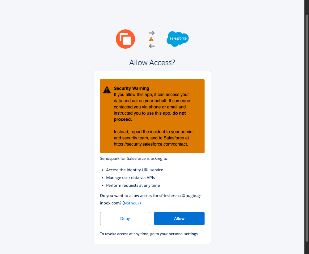 Salesforce Allow Access screen listing the permissions Sendspark requests