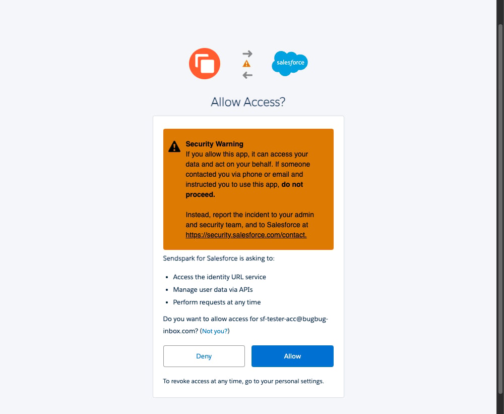 Salesforce Allow Access screen listing the permissions Sendspark requests
