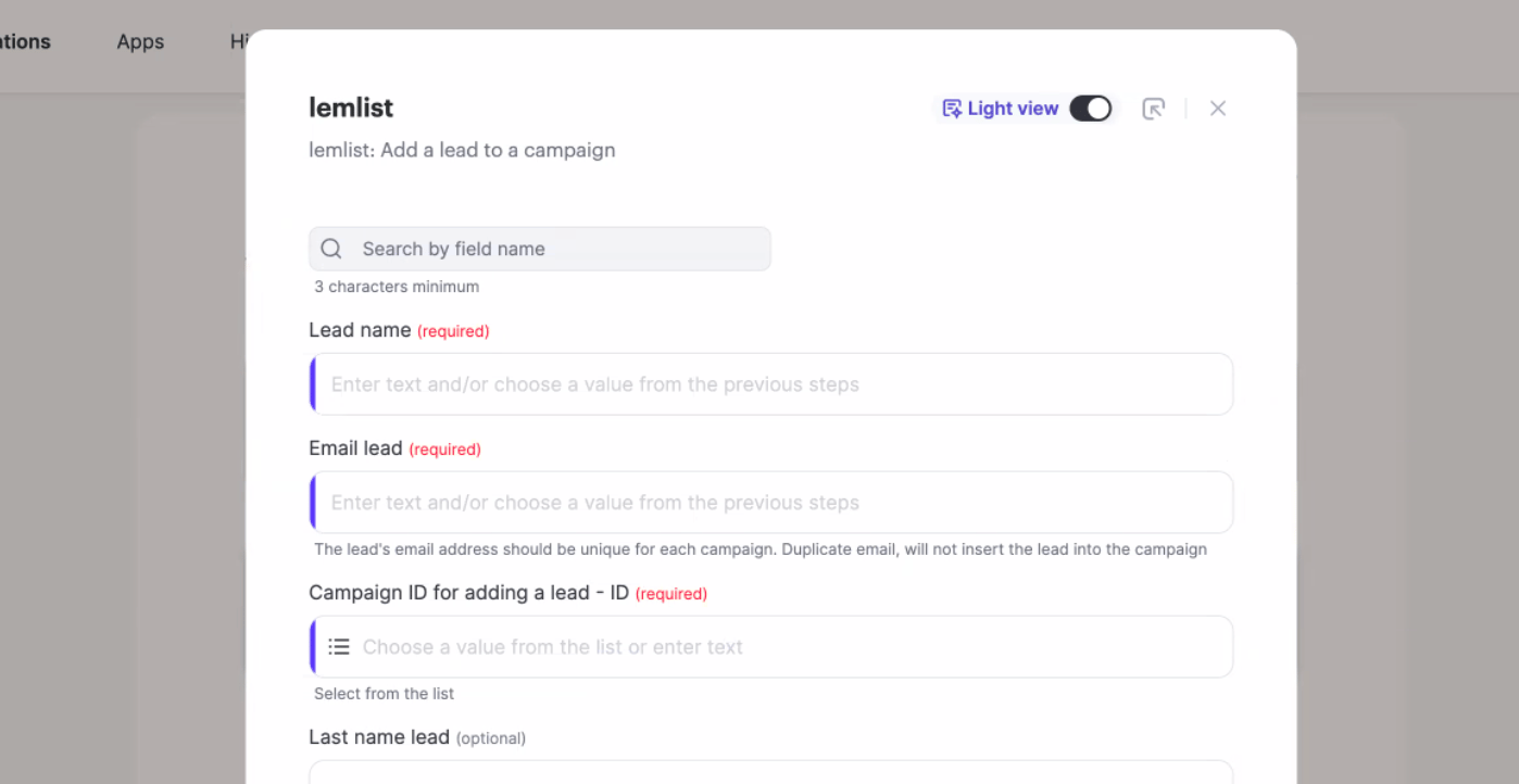 Lemlist Add a lead to a campaign field mapping