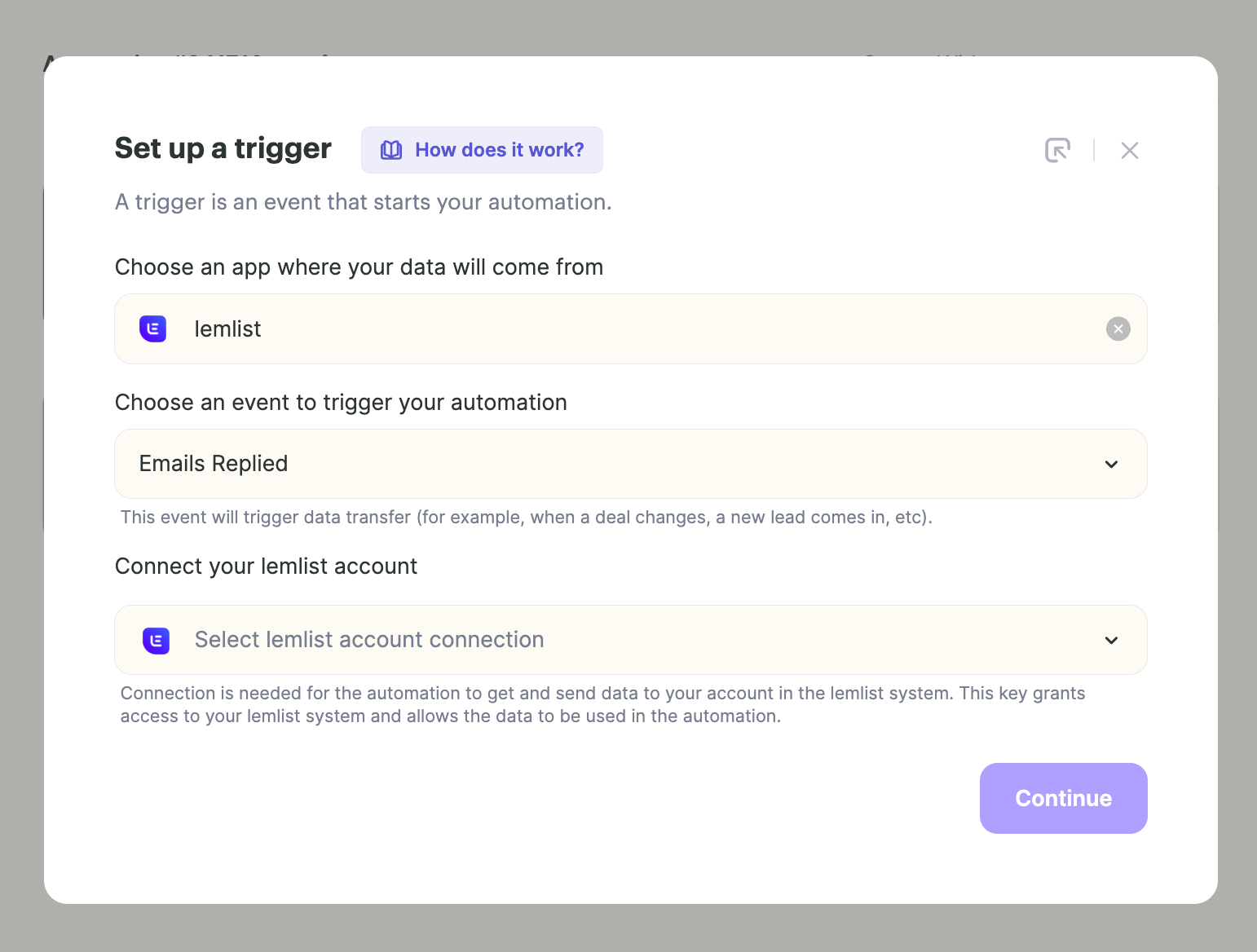 Trigger setup with lemlist app and Emails Replied event