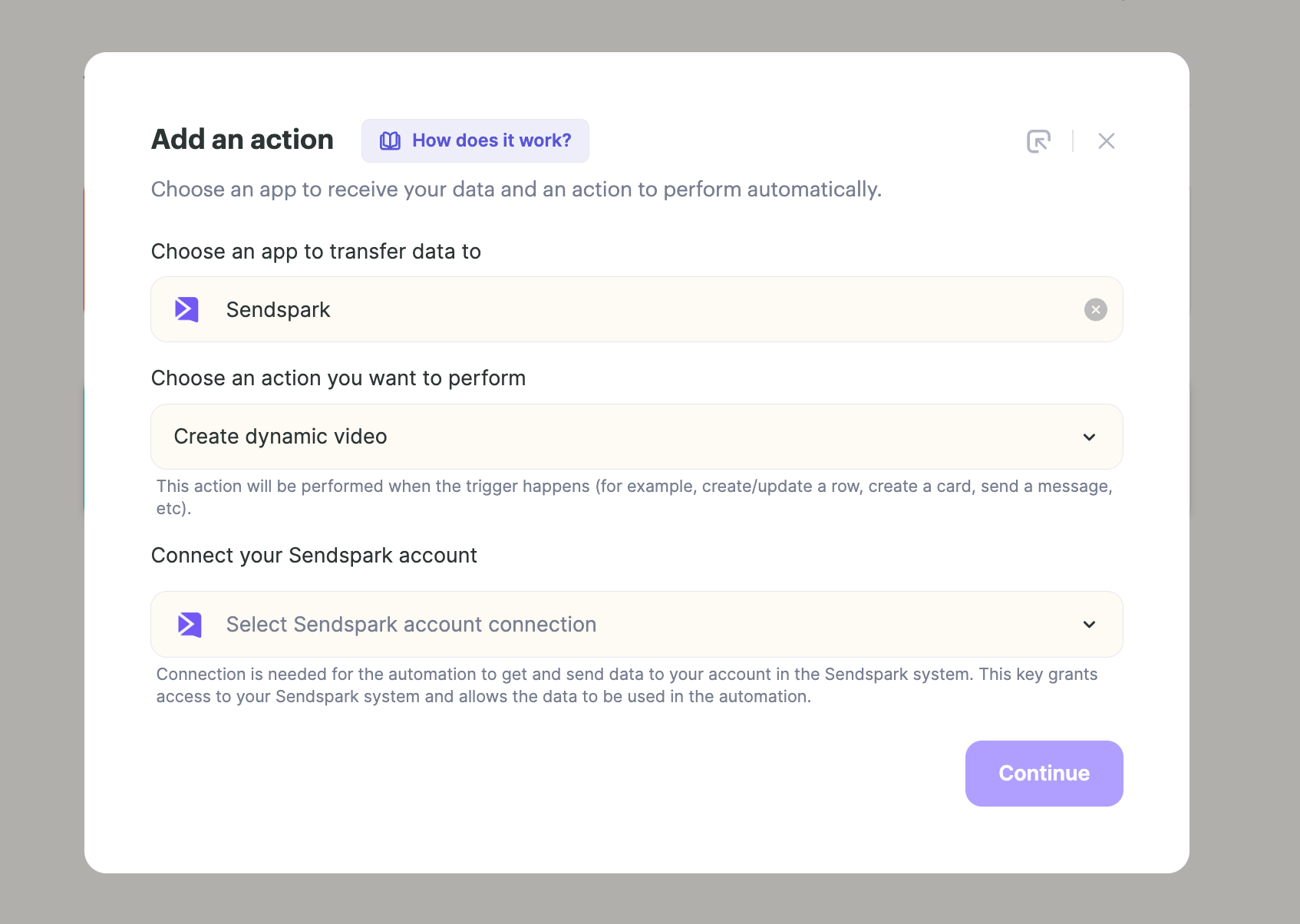 Add action panel selecting Sendspark Create dynamic video