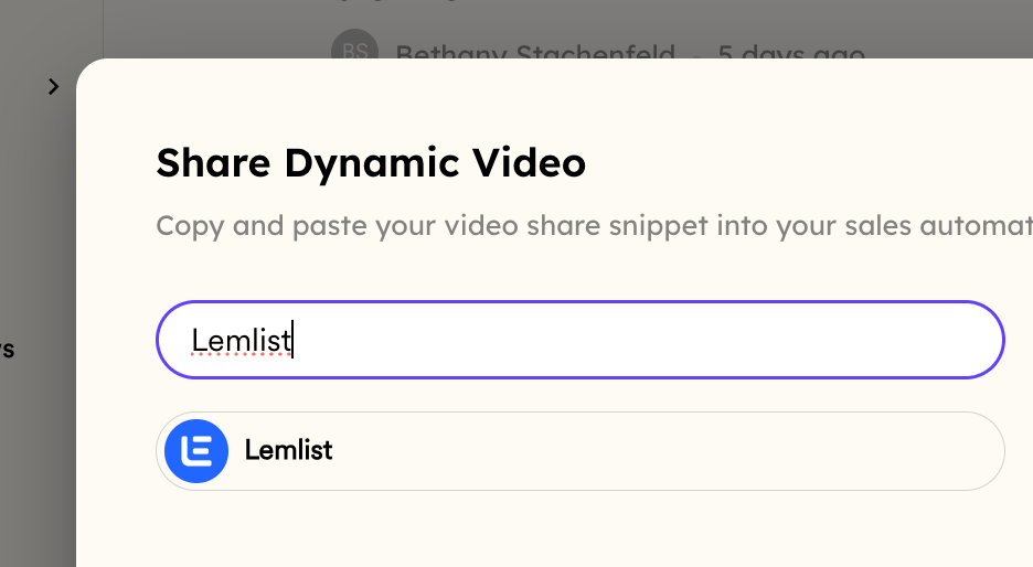 Share Dynamic Video panel with Lemlist search result