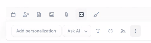 Lemlist email editor toolbar with code view icon selected
