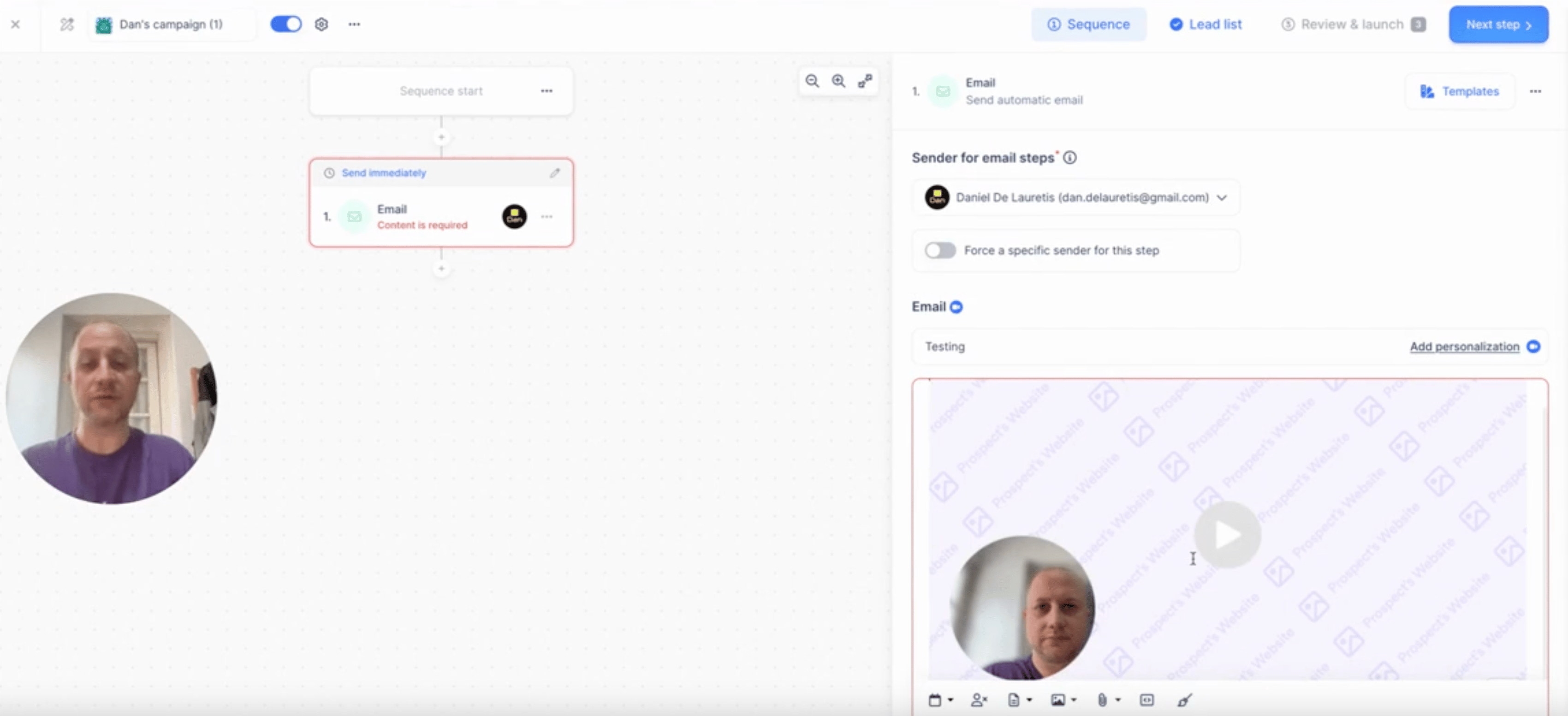 Sendspark video placeholder pasted into Lemlist email sequence editor