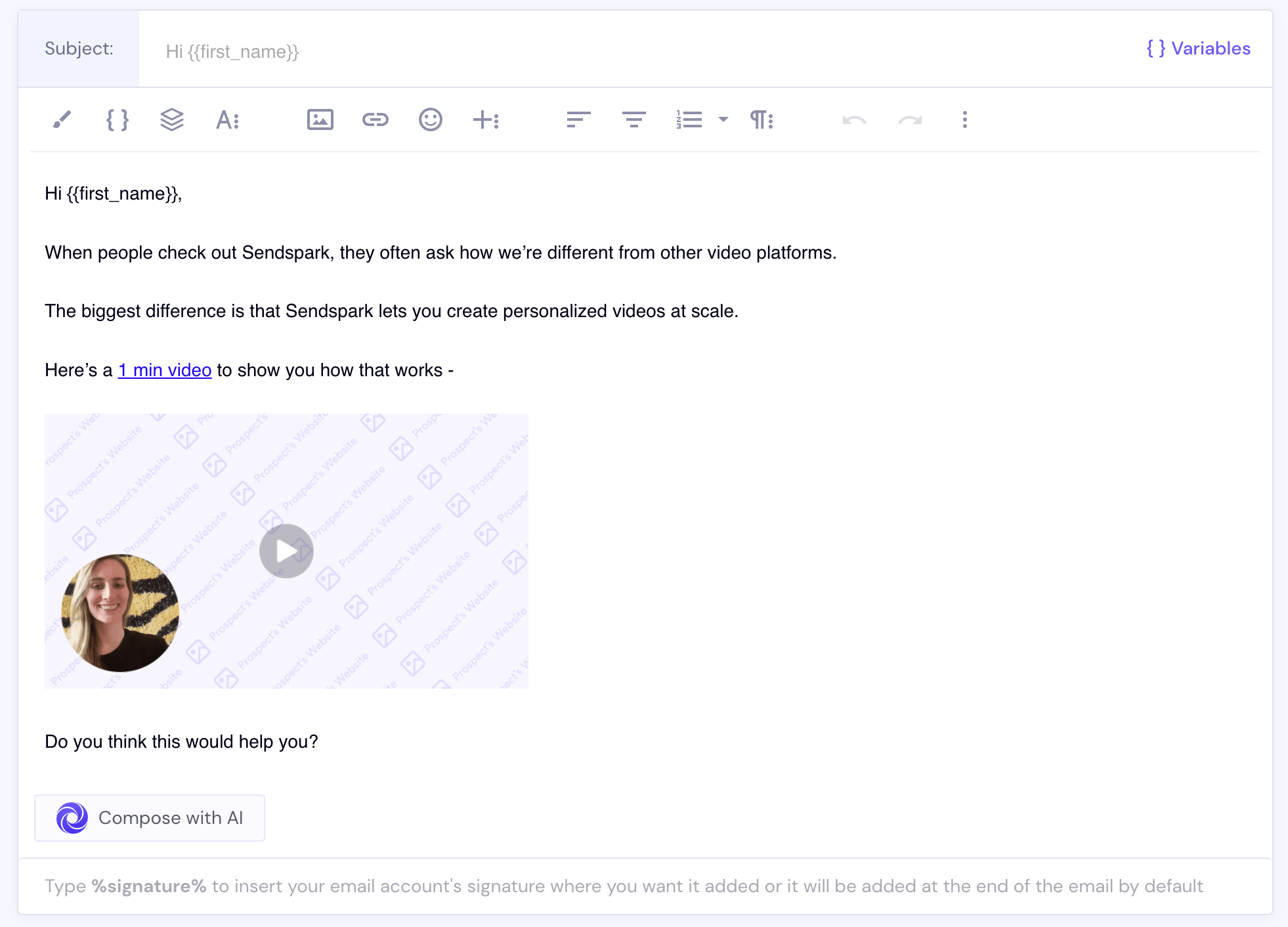 Smartlead email editor with the Sendspark video image preview pasted in the body