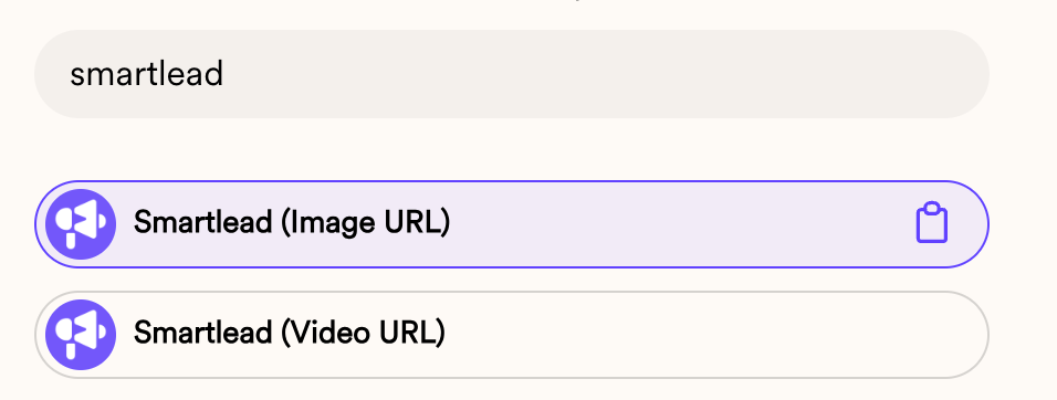 Smartlead search showing the Smartlead Image URL and Video URL snippet options