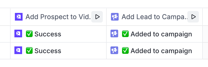 Clay columns showing Success and Added to campaign statuses for each lead