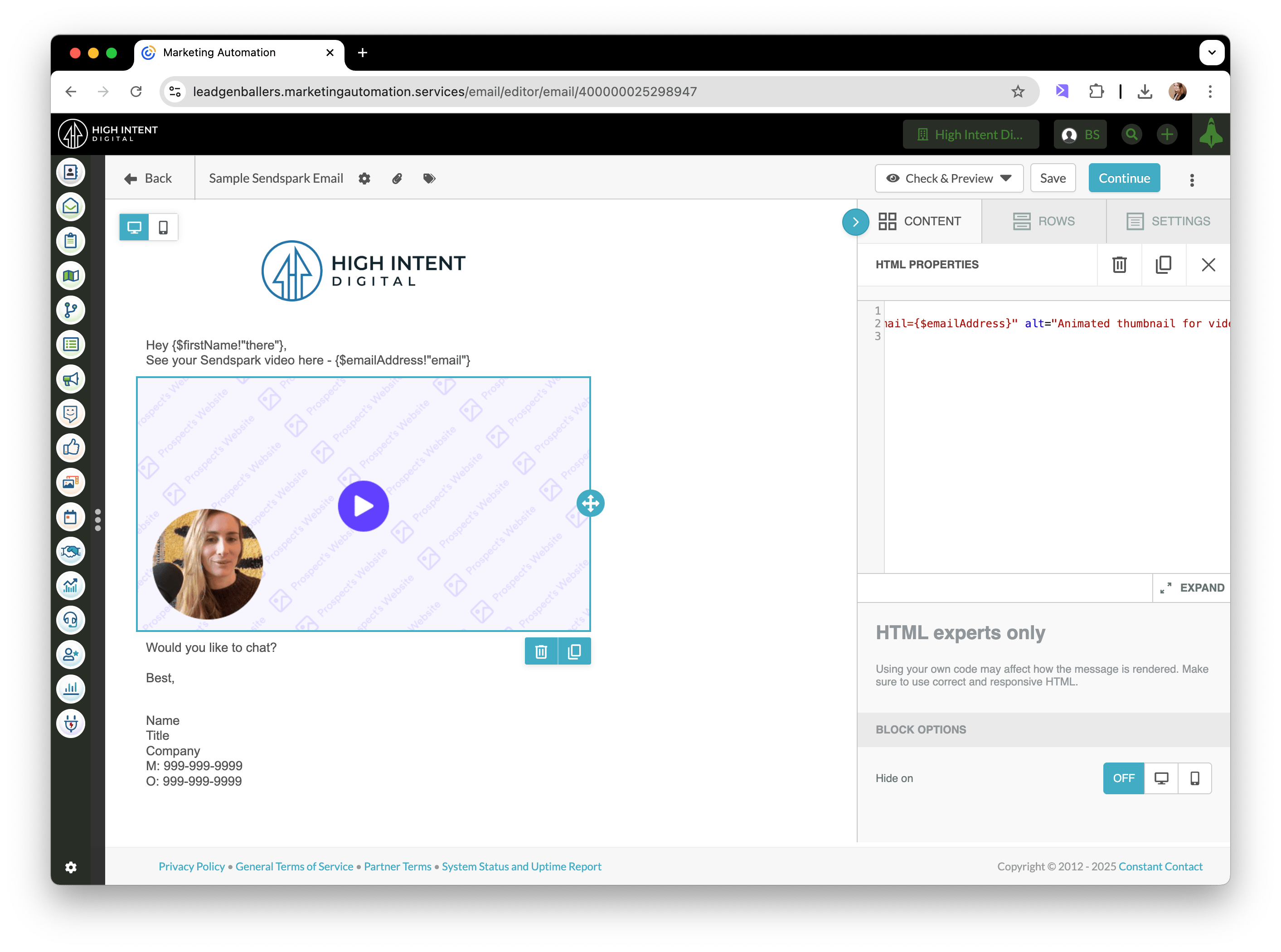 Sendspark video snippet in an HTML block within SharpSpring email editor