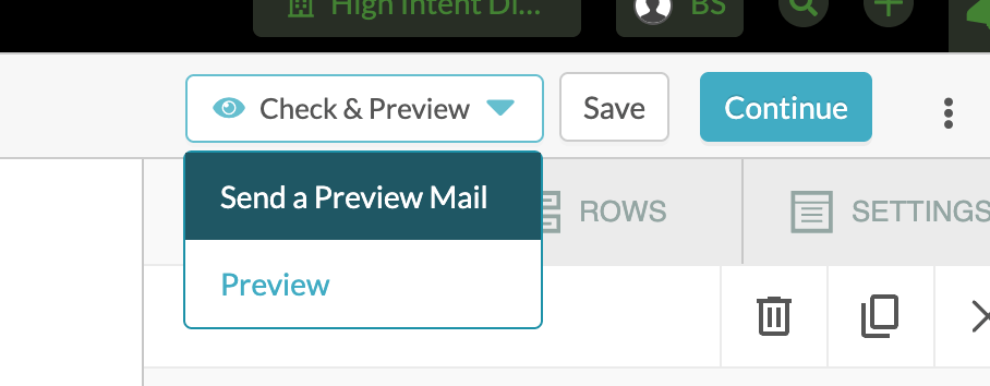 Check and Preview dropdown showing Send a Preview Mail option
