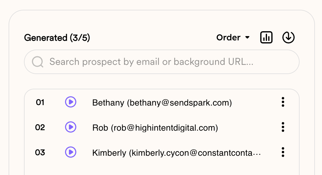 Sendspark generated videos list showing prospect emails for the campaign