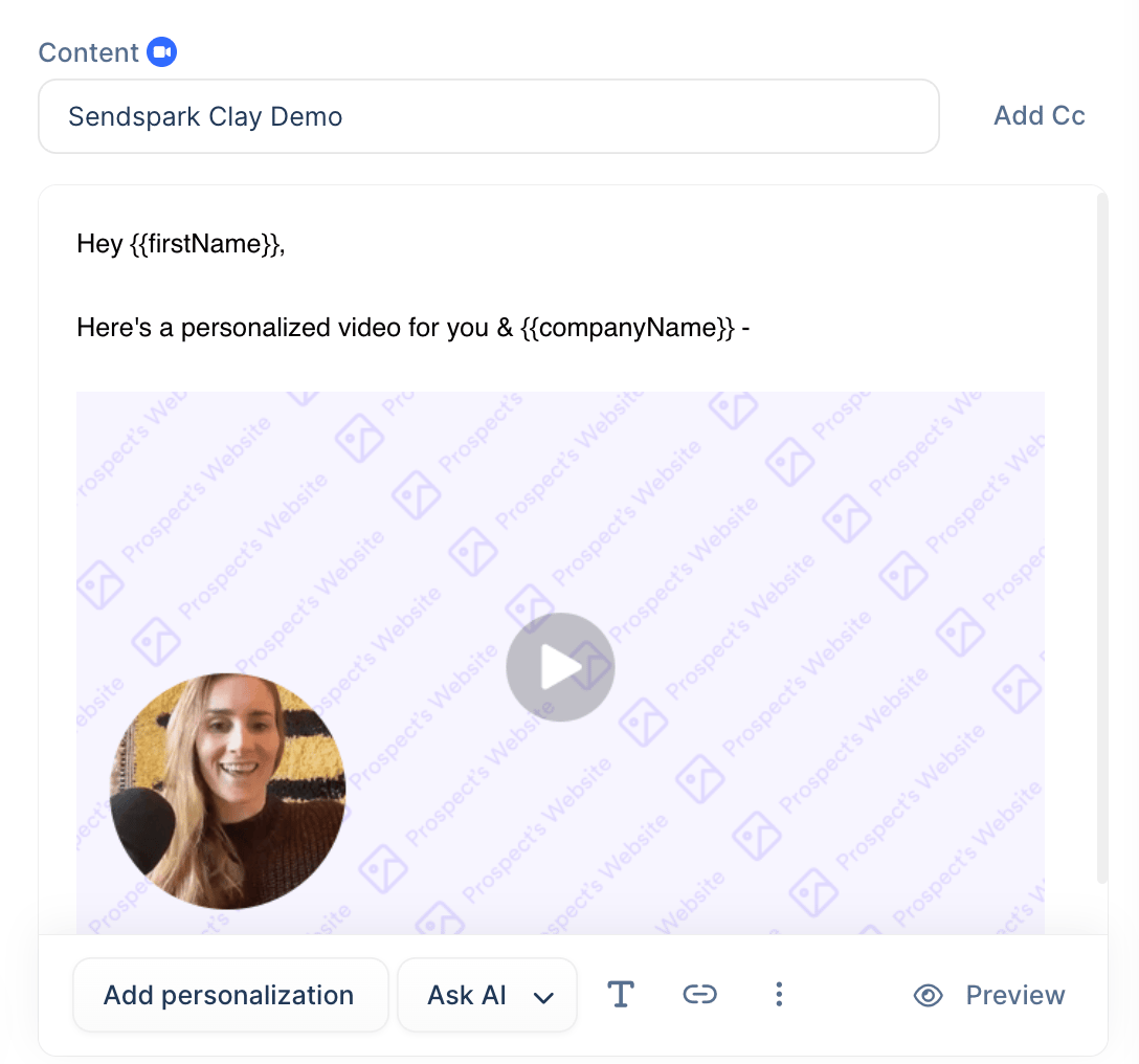 Lemlist email with personalized video placeholder and dynamic name fields