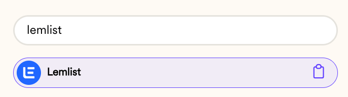 Lemlist search result with copy snippet icon