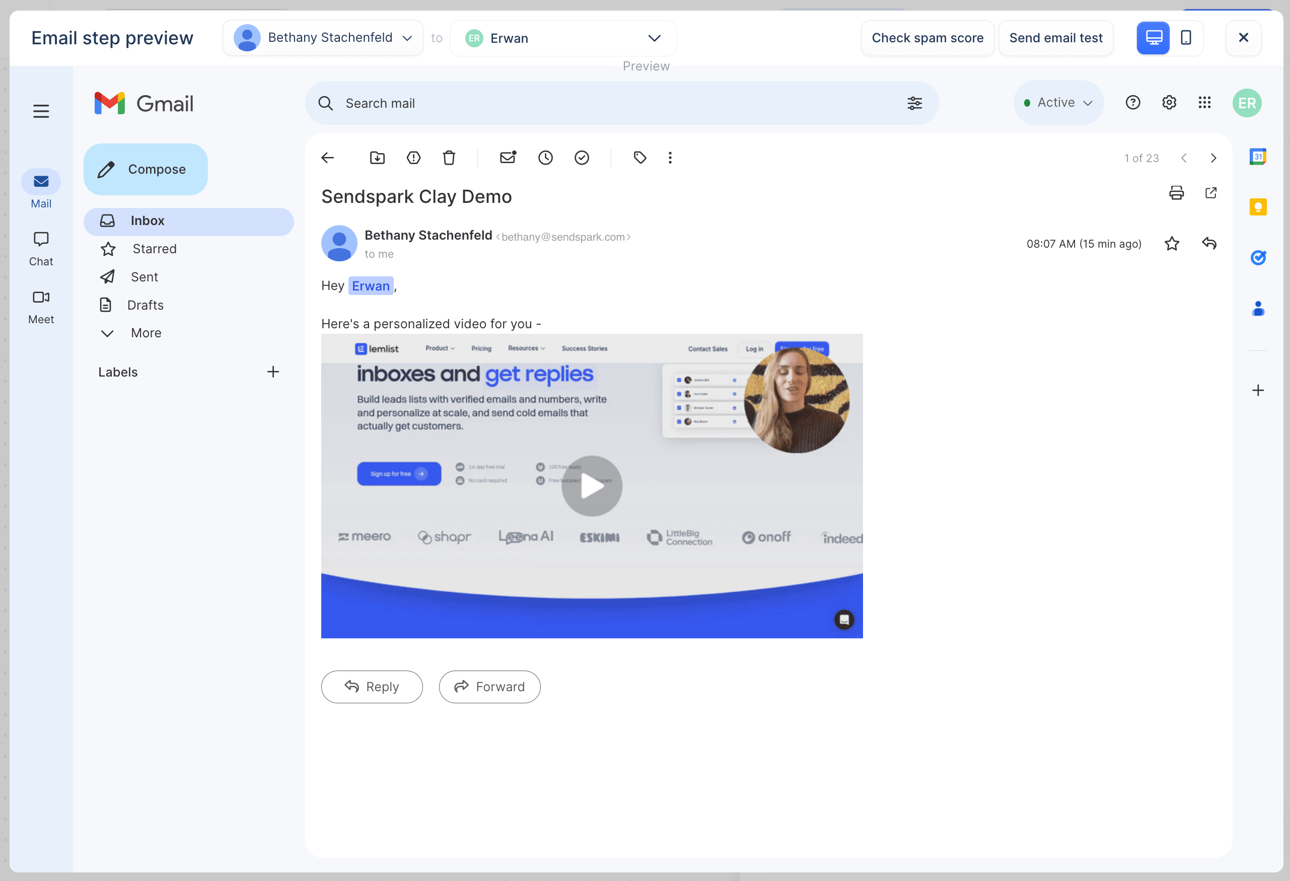 Gmail preview of Lemlist email with personalized Sendspark video