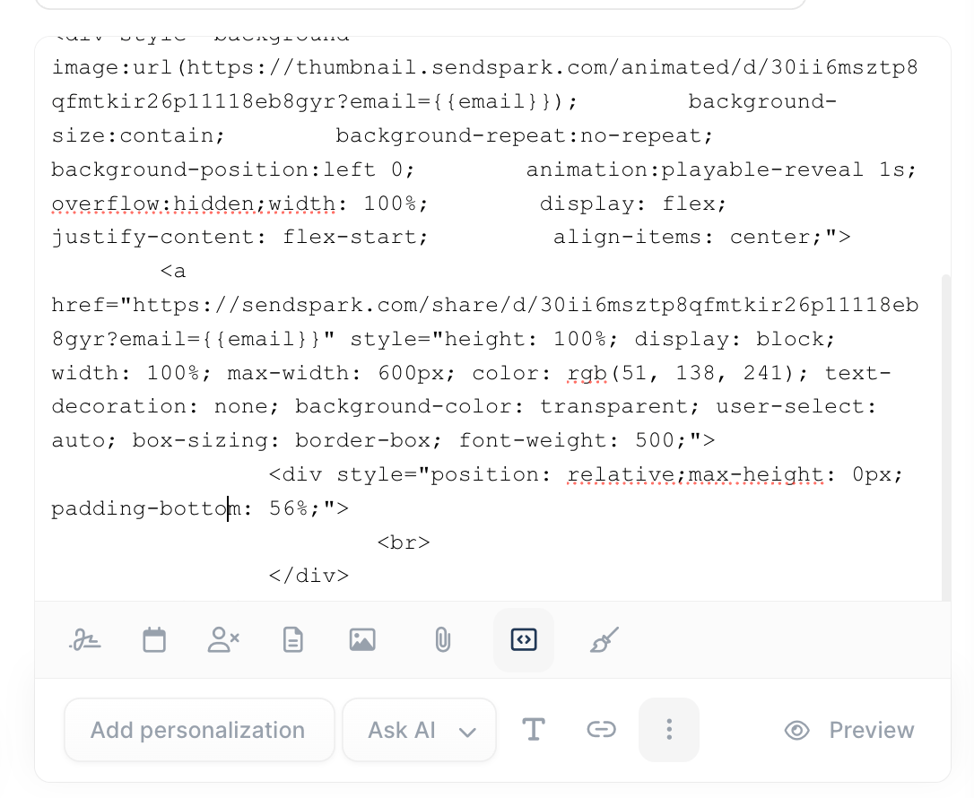 Sendspark video snippet pasted into Lemlist code view