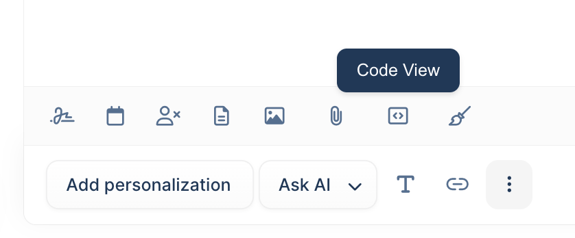 Lemlist editor toolbar with Code View tooltip highlighted