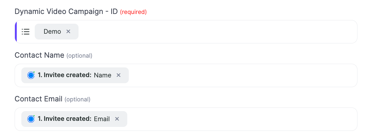 Calendly invitee Name and Email fields mapped into the video campaign