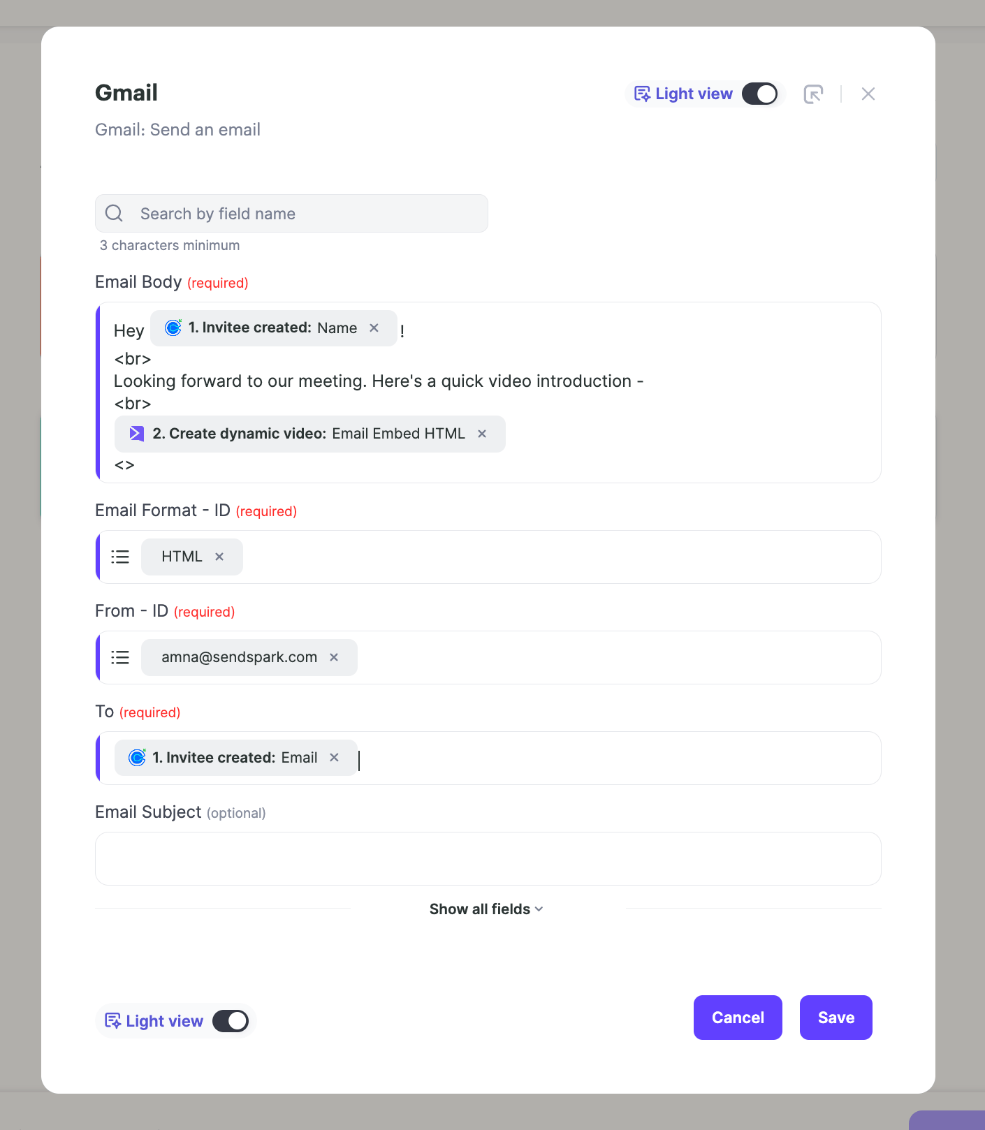 Gmail send email action embedding the dynamic video into the message body