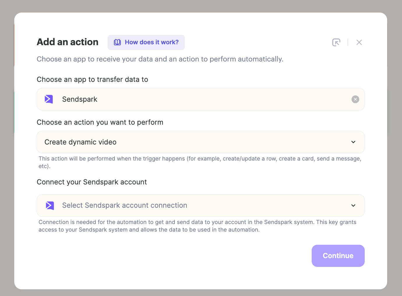 Action setup with Sendspark app and Create dynamic video action selected