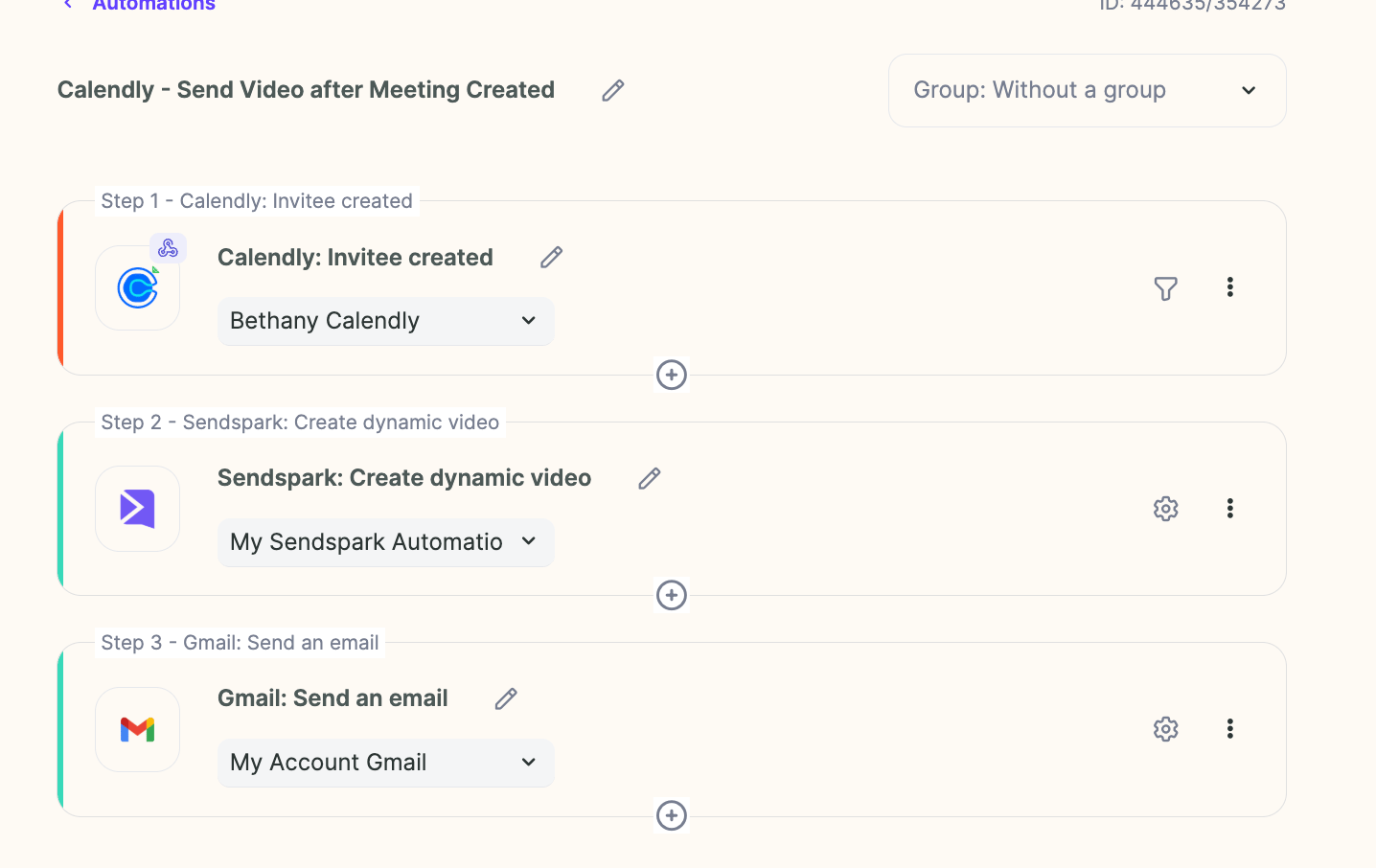 Completed workflow with Calendly trigger, Sendspark video, and Gmail send steps