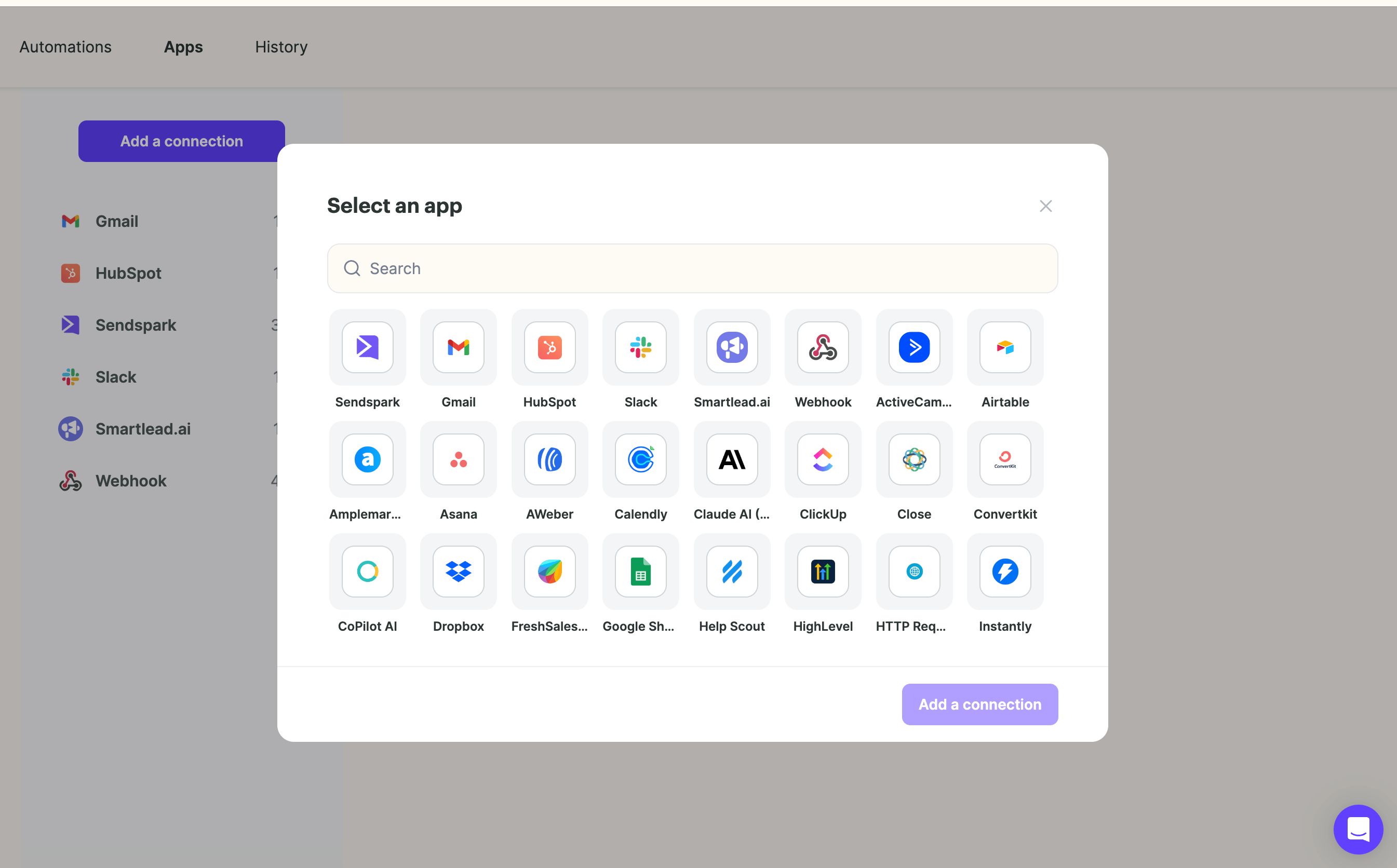 Select an app modal showing available integration icons on Apps page