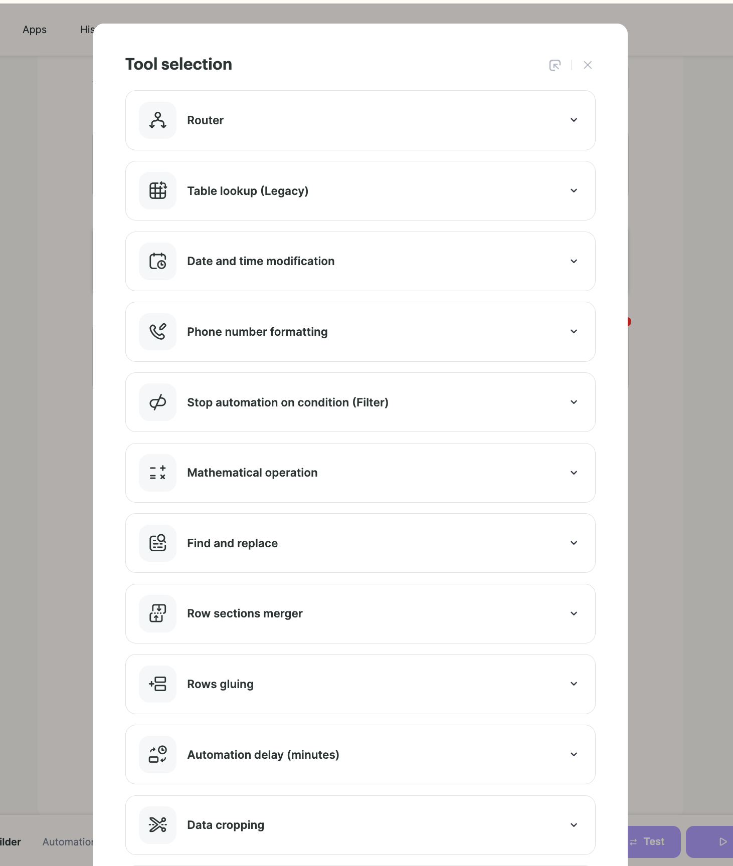 Tool selection modal listing Router Table lookup and other tools