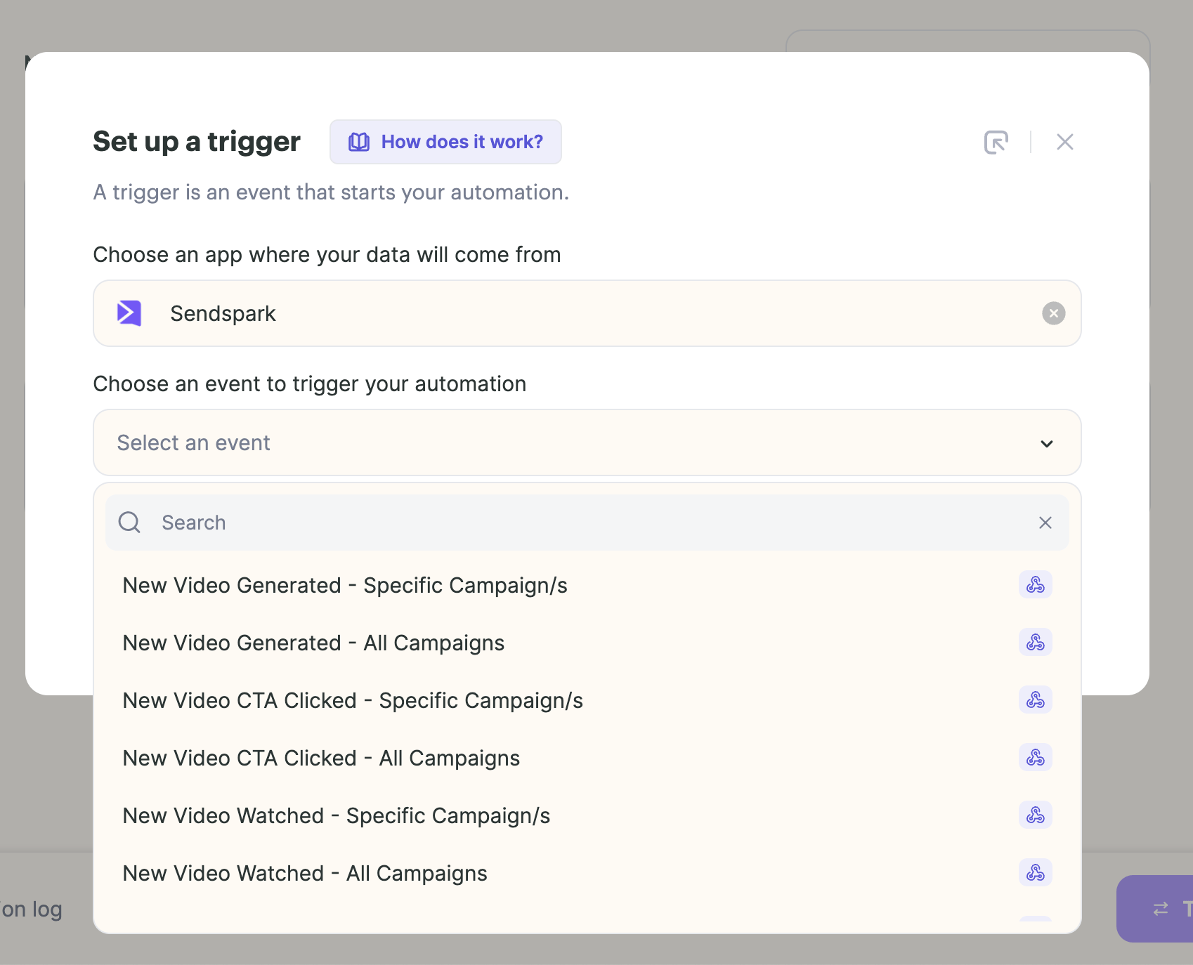 Set up a trigger modal with Sendspark selected and event dropdown open