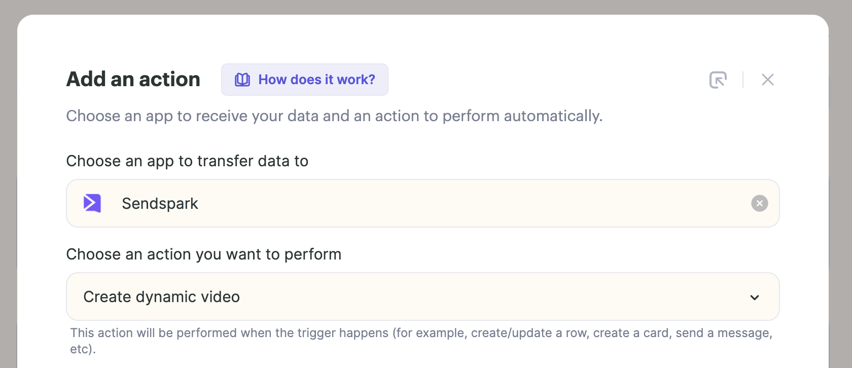 Add an action modal with Sendspark and Create dynamic video selected