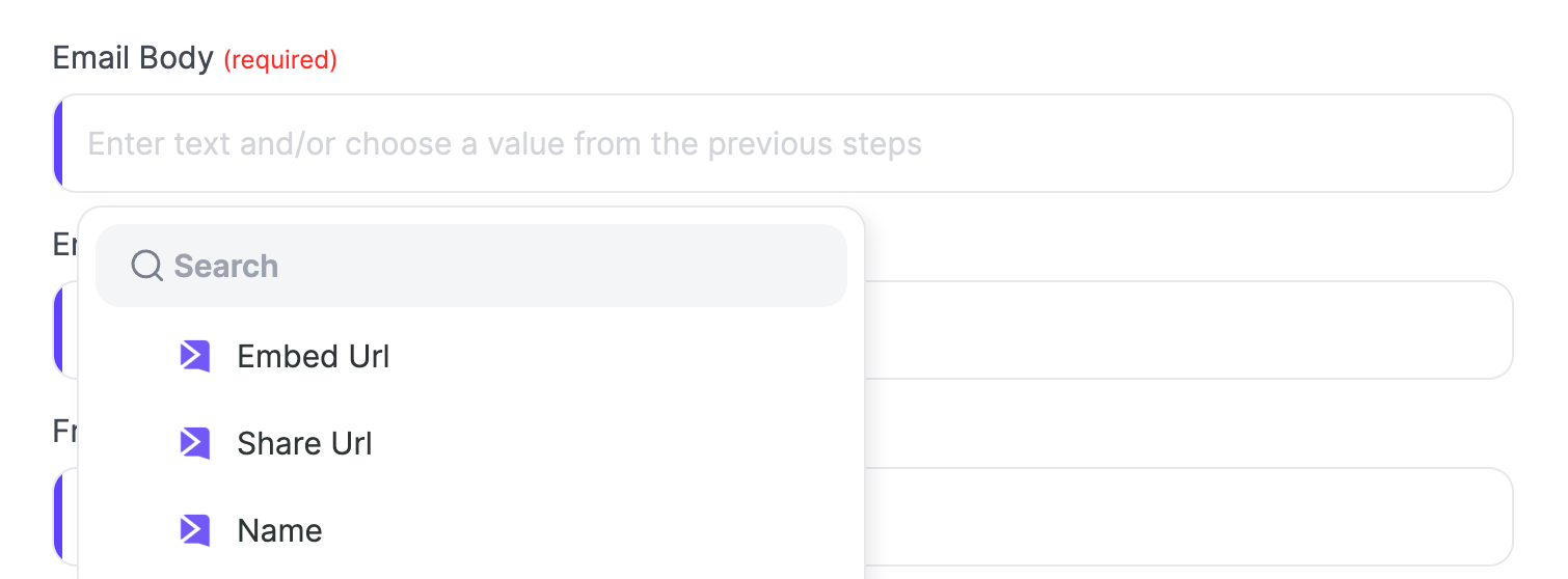 Email Body field with dropdown of Embed Url Share Url and Name values