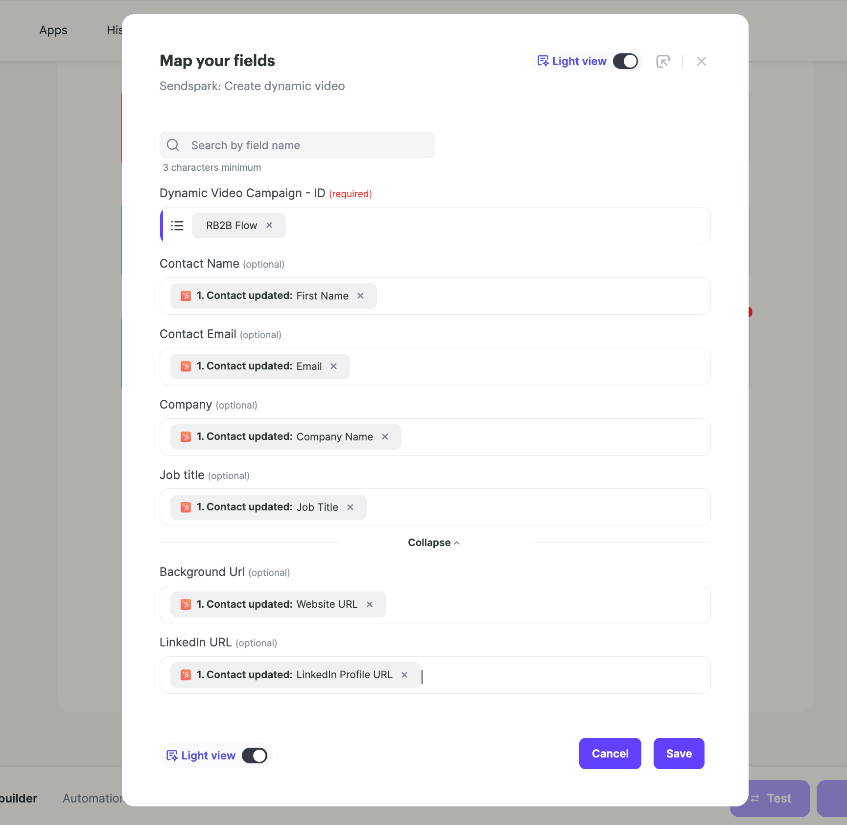 Map your fields dialog for Sendspark Create dynamic video action