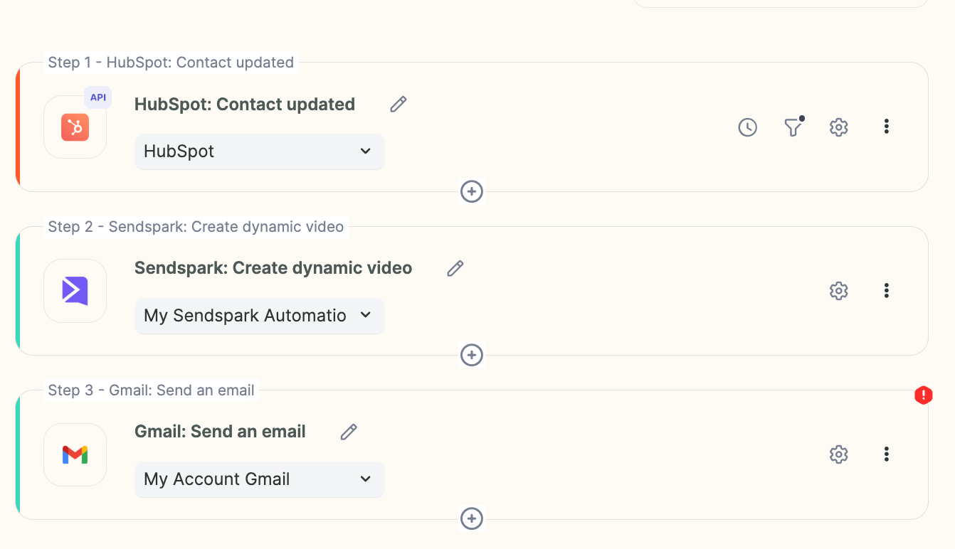 Three-step workflow with HubSpot trigger, Sendspark video, and Gmail send