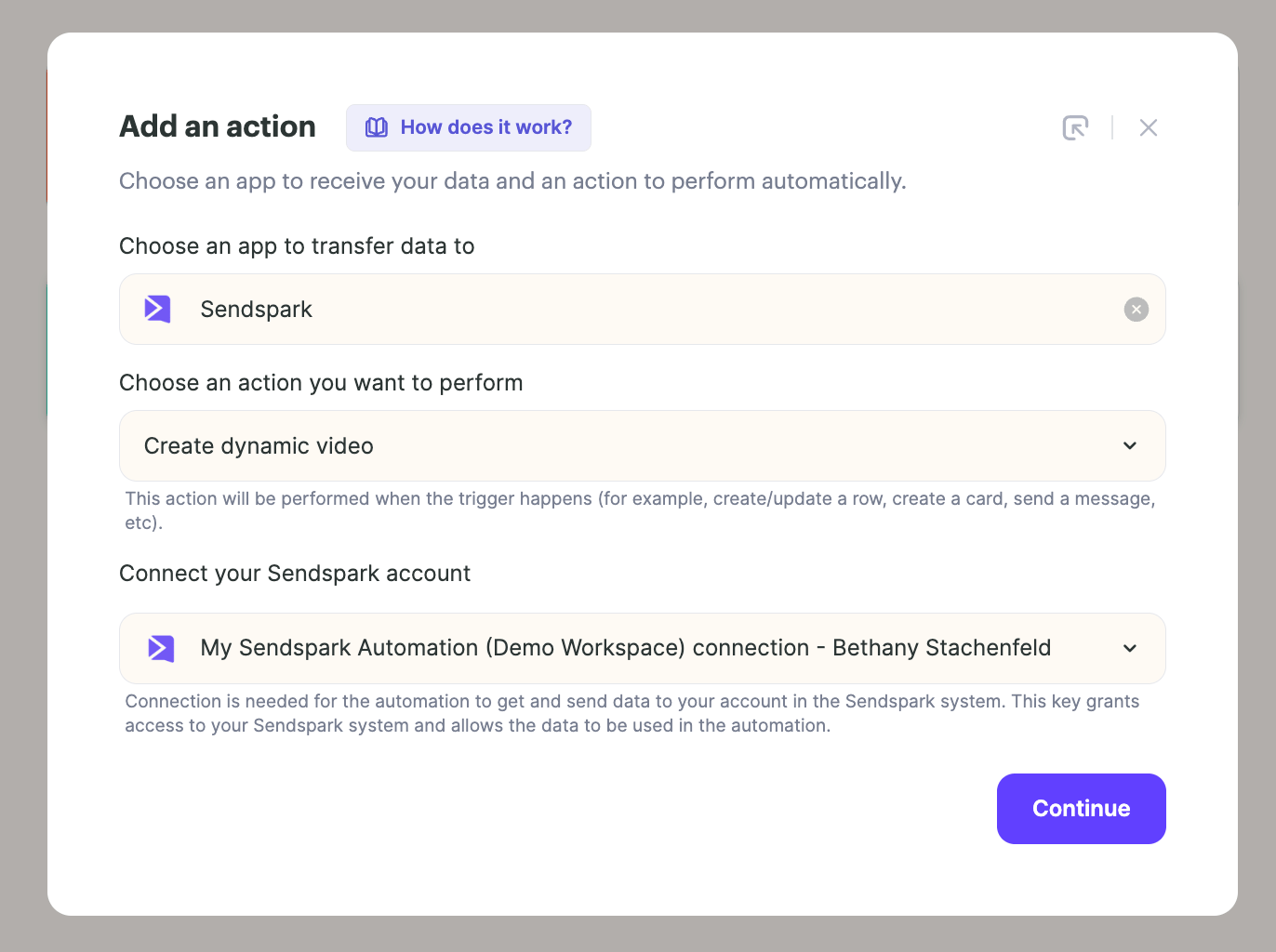 Action setup with Sendspark app and Create dynamic video action selected