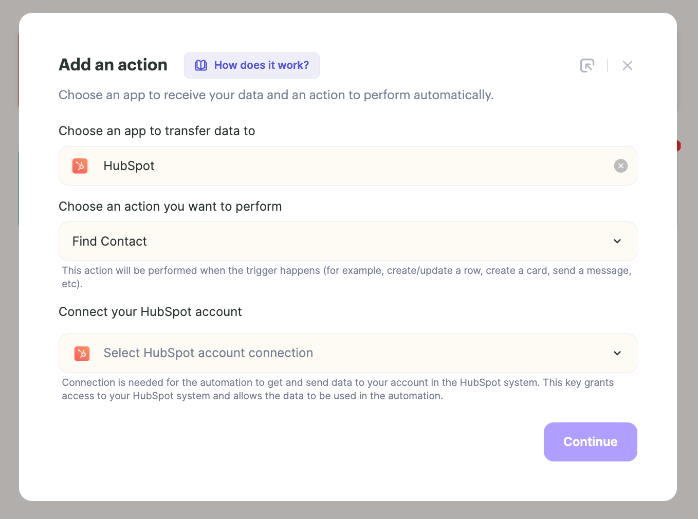 Action setup with HubSpot app and Find Contact action selected